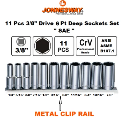 Jonnesway 11 Pcs 3/8" Drive 6Pt Deep SAE Socket Set 1/4" -7/8" ANSI/ASME B107.1 - Image 1 of 4