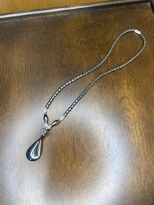 Hematite Necklace With Teardrop Pendant ~ Barrel Clasp ~ Barrel Beaded - Picture 1 of 4