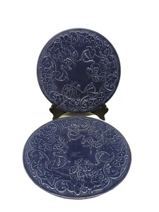 2 Plato de Cena Bordallo Pinheiro Azul Profundo Diseño Floral Portugal 10 7/8" - Imagen 1 de 16