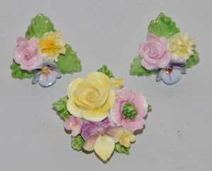 Denton Bone China Blume Brosche & Schraubendreher Ohrringe Made in England Vintage - Bild 1 von 9