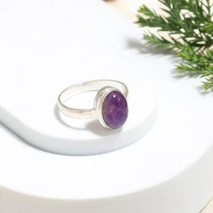 Anillo de amatista natural, anillo de piedras preciosas con forma ovalada de plata de ley 925, diseñador Bi - Imagen 1 de 4