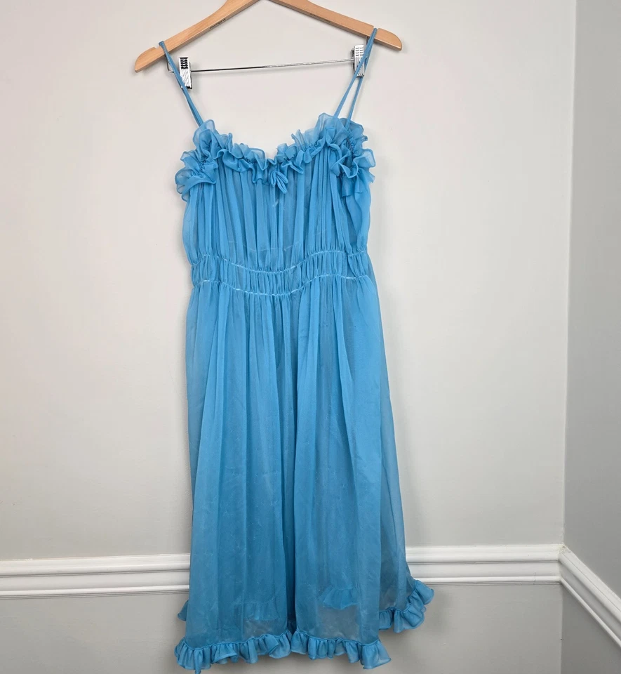 复古 70 年代蓝色雪纺荷叶边睡衣联盟美国制造小号浪漫 — 第 1/4 张图片