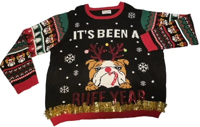 Suéter de Navidad para mujer Bull Dog Reno "It's been a Ruff Year" ~ 3X Foto 1 de 4