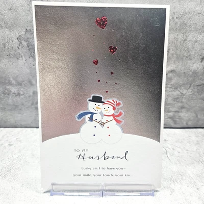 Tarjeta de felicitación de Navidad Hallmark 6x8 esposo muñeco de nieve corazones plateados brillo amor Foto 1 de 4