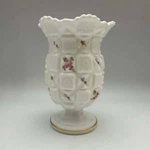 Westmoreland Celery Vase, Old Quilt Pattern Hand Painted Roses - Picture 1 of 7