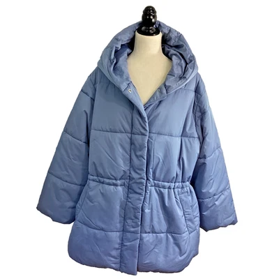 NWT AVA & VIV PLUS 1X BLUE PUFFER PARKA COAT QUILTED HOODED MID LENGTH RELAXED - Image 1 of 4