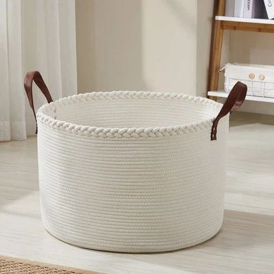 XLarge Round Cotton Rope Storage Basket Bin Organizer Laundry Hamper with Lea... - Image 1 of 4