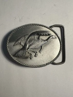 Hebilla de cinturón vintage de peltre de peregrino de pavo volador Sid Bell 1976 Foto 1 de 2