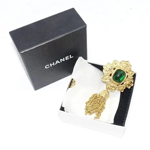 Vintage CHANEL 94A Gripoix Tassel Pin Brooch Coco Mark CC green stone 03 - Picture 1 of 8
