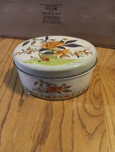 Oval Shaped Tin Box Aqua With Orange Flowers 6”x3” The Tin Box Company 1987    - Picture 1 of 10