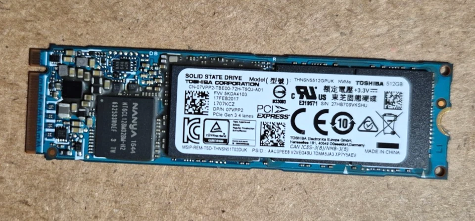 Toshiba 512GB PCIe Gen3 x4 NVMe M.2 SSD THNSN5512GPUK 07VPP2 - Image 1 of 1