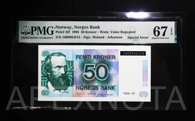 [SPECIAL ISSUE] NORWAY 50 KRONER 1995 P42 PMG 67 SUPERB GEM UNC EPQ BLACK S/N - Image 1 of 4