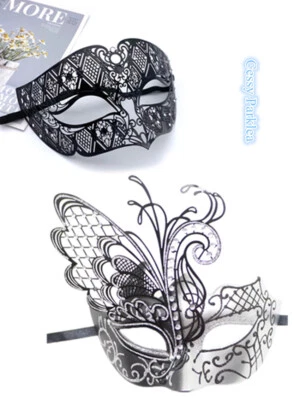 F2 Luxury Couples Silver Black Swan Metal Venetian Masquerade Masks w/Rhinestone - Image 1 of 4