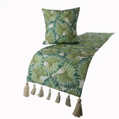 Decorative King Bed Runner Green & Blue, Embroidery Linen - Tropical Feeling - Image 1 of 4