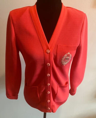 Cárdigan suéter vintage Dalton escudo 8 hombreras rosa salmón 100 % poliéster Foto 1 de 4