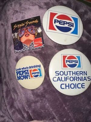 4 Vintage Pepsi Coca Cola Pinback Buttons - Image 1 of 4
