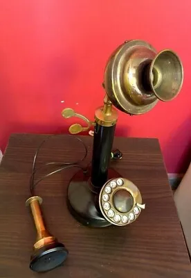 Candlestick Landline Telephone Brown Antique Vintage Brass Rotary Dial Working • 69€