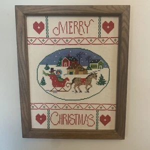 Bucilla Frohe Weihnachten Pferdeschlittenfahrt Bauernhof Land fertig und gerahmt Vintage - Bild 1 von 6