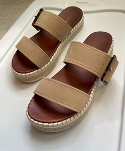 MIA Tan Flatform Raffia Straw Slide Sandals w/Tortoiseshell Buckle - Women's 8 - Picture 1 of 10