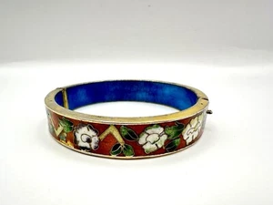 Vintage Cloisonné Cuff Bracelet Hinged Cream Floral Red Gold Tone Blue Enamel - Picture 1 of 7