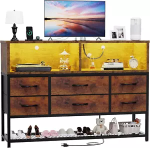 Dresser for Bedroom, 6 Drawers Led Dresser TV Stand with Power Outlets and LED L - Picture 1 of 7