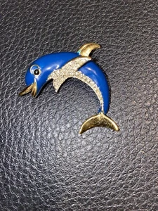 VintageGold Tone.Enamel and Sparking Diamante Leaping dolphin brooch - Picture 1 of 9