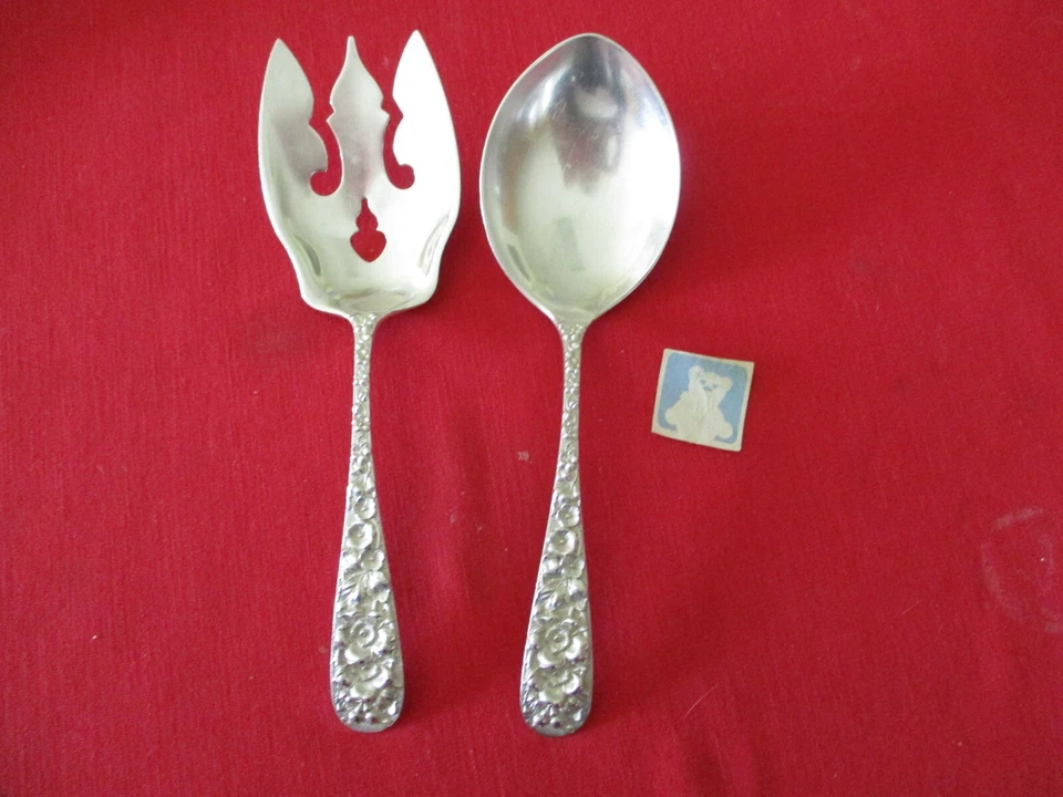 Stieff Solid Sterling Silver Serving Fork & Spoon, Repousse, 178 grams - Image 1 of 4