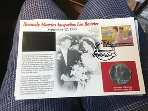 Kennedy Marries Jacqueline Lee Bouvier, Coin & Stamp Panel Card 1969 half $ 40% - Picture 1 of 2