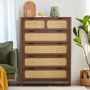 LEVNARY 5 Drawer Chest Dresser, Rattan Tall Dresser 5 Chest of Drawers Dressers - Picture 1 of 6