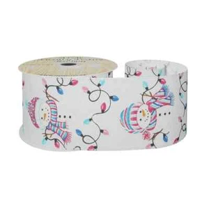 1m, 3m or 9m ~ 63mm Wired White Ribbon with Snowman and lights, Christmas Ribbon - Picture 1 of 1