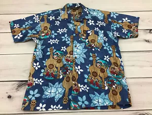 Vtg Monzini Collection Italy Cotton Hawaiian Shirt Floral Hula Ukulele Blue Sz M - Picture 1 of 11