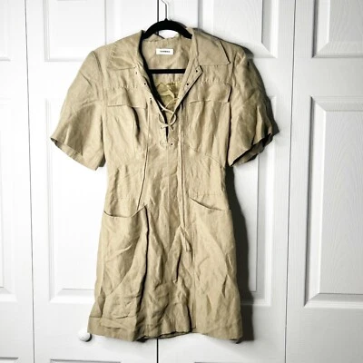 Sandro Linoa Green Brown Linen Blend Lace-Up Mini Shirt Dress Women's Size FR 34 - Image 1 of 4