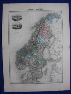 Original antique map NORWAY, SWEDEN, CHRISTIANIA, OSLO, STOCKHOLM, Migeon, 1891 - Picture 1 of 3