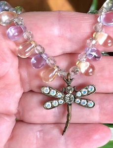 Vintage KIRKS FOLLY Brass Dragonfly NECKLACE Glass Teardrop Beaded AB Crystals - Picture 1 of 8