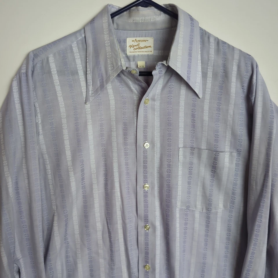 ARROW KENT COLLECTION Vtg 60s 70s Light Purple Striped Dacron Btn SHIRT 16-32 M - Image 1 of 4