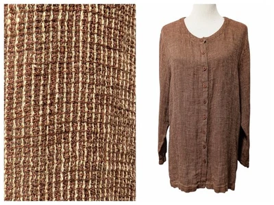 Eileen Fisher Womens Size M Brown 100% Textured Linen Button Front L/S Tunic Top - Imagem 1 de 4