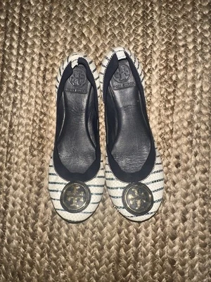 PISOS DE BALLET TORY BURCH AZUL MARINO BLANCO A RAYAS CUERO CAROLINE! 8,5 Foto 1 de 4