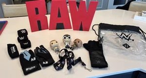 WWE Lot AJ Roman Gloves RAW Sign Cena Rock Bobbleheads Lanyard Backpack - Picture 1 of 9