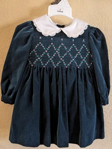 VTG 90s Holiday Green Girl Dress Velvet Rose Embroidery Long Sleeve Sze 2T Bonus - Picture 1 of 8