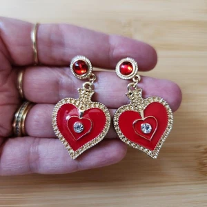 Hängelnde rote Herz Ohrringe Goltone Valentinstag Liebe sentimental Sweethear Schmuck - Bild 1 von 4