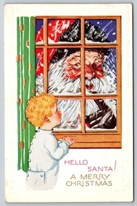 Boy in Pajamas Sees Santa Claus Peeking in Snowy Window, Christmas Postcard - Picture 1 of 2