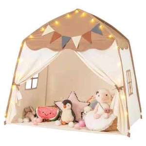 COSTWAY Kids Play Tent Indoor & Outdoor Extra Large Playhouse Tent-Coffee - Picture 1 of 10