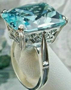 Aquamarine Ring, Simulated Blue Gem, Sterling Silver Filigree (Custom Made) D225 - Picture 1 of 12