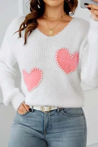 White Pearl Beaded Heart Pattern Fuzzy V Neck Sweater - Picture 1 of 14
