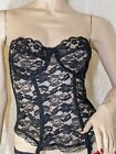 Vintage Valmont Sexy Strapless Black Lace Corset Bustier Boned Top + Garters 36