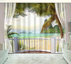 3D Blockout Curtain Sea Island Tropical Tree Drapes Fabric Window Photo Printing - Picture 1 of 9