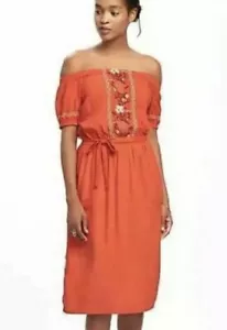 Old Navy Womens Orange Off Shoulder Embroidered Midi Dress S Tall Boho Bohemian - Picture 1 of 6