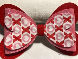 VALENTINE LOVE HEART HAIR BOW WITH XOXOXO, RED AND WHITE, 4.5" X 3" HOMEMADE - Picture 1 of 4