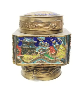 Antique Chinese Vintage Enameled Brass Tea Caddy Covered Jar Modern - Picture 1 of 7