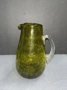 Vintage Hand Blown Green Crackle Glass Pitcher, Applied Handle 7” T - Picture 1 of 6